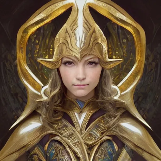 Prompt: portrait of an elven warrior, fantasy, gold armour, gold helmet, trending on artstation, gsociety, D&D, elegant, highly detailed!!!, digital painting, smooth, sharp focus, upper body, intricate, symmetrical facial features, detailed face!!!!!!!! by greg rutkowski, Alphonse Mucha, Ayami Kojima, Charlie Bowater, Karol Bak, Greg Hildebrandt