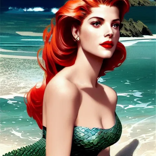 Image similar to A combination of Grace Kelly's and Katheryn Winnick's and Ashley Greene's faces with red hair as a mermaid half submerged on the beach, western, fantasy, intricate, elegant, highly detailed, digital painting, artstation, concept art, matte, sharp focus, illustration, art by Artgerm and Greg Rutkowski and Alphonse Mucha