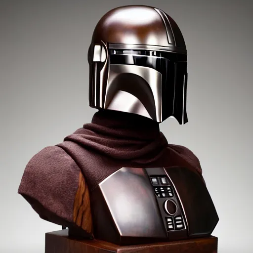 Image similar to a real - world sculpture bust of the mandalorian star wars character, made of highly polished walnut wood, polished, cedar, polished tiger - wood. photograph, photographic, 3 5 mm