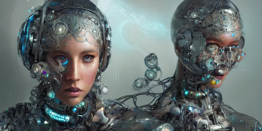 Prompt: a hiper intricate portrait of beautiful cybernetic woman build by artificial inteligence, almost done, hiper intricate 3 d render, hyper realistic detailed portrait, scifi, fantasy, hdri light, photoreal, hyper detailed, octane render, concept art, by peter mohrbacher, by wlop, by ruan jia