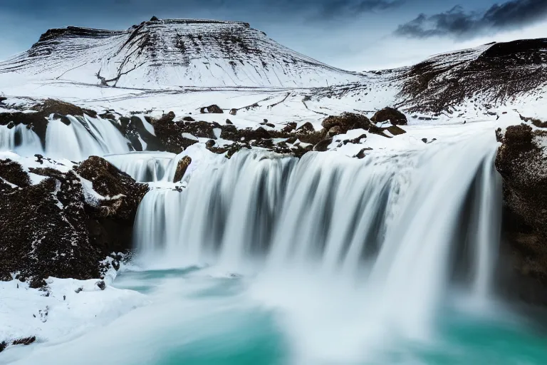 Prompt: photo of a landscape with mountains with waterfalls and snow on top, wallpaper, iceland, new zeeland, professional landscape photography, sunny, day time, beautiful