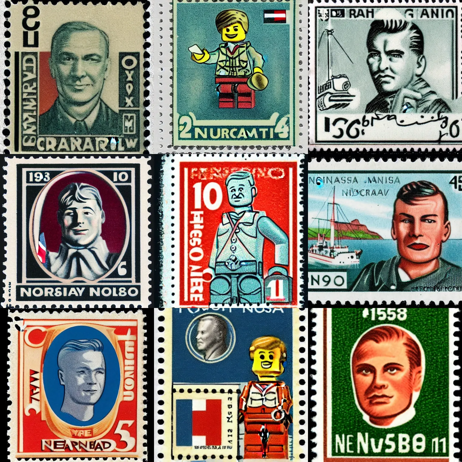 Prompt: 1951 postage stamp from Norway featuring a lego man