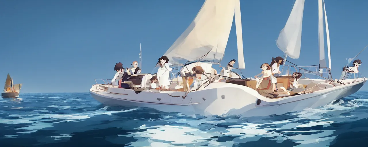 Image similar to a cream - colored havanese dog and shih tzu, sailing on an america's cup boat, hydrofoil, atey ghailan, goro fujita, studio ghibli, rim light, exquisite lighting, clear focus, very coherent,