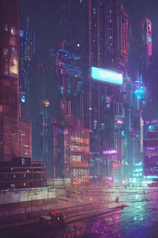 Image similar to a cyberpunk City with billboards, Hologramm and signs in a rainy night, bokeh on background, Skyline view from a rooftop, rendered by simon stålenhag, rendered by Beeple, Makoto Shinkai, syd meade, environment concept, digital art, starwars, raphael lacoste, eddie mendoza, alex ross, concept art, cinematic lighting, , unreal engine, 3 point perspective, WLOP, trending on artstation, low level, 4K UHD image, octane render,