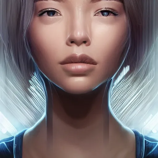 Image similar to portrait of chloe from detroit by artgerm, close up, portrait, cinematic, elegant, artstation, intricate, highly detailed, digital painting, artstation, concept art, sharp focus, illustration, cyberpunk, cgsociety, 8 k