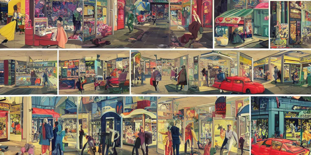 Prompt: full page comic book drawings of shopping mall scenes, bold color palette, high contrast, by carel willink and gregory crewdson, moebious, jean giraud, comic book panels, octane render, beserk anime