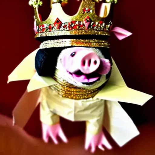 Image similar to happy puppet pig king wearing a crown chilling out