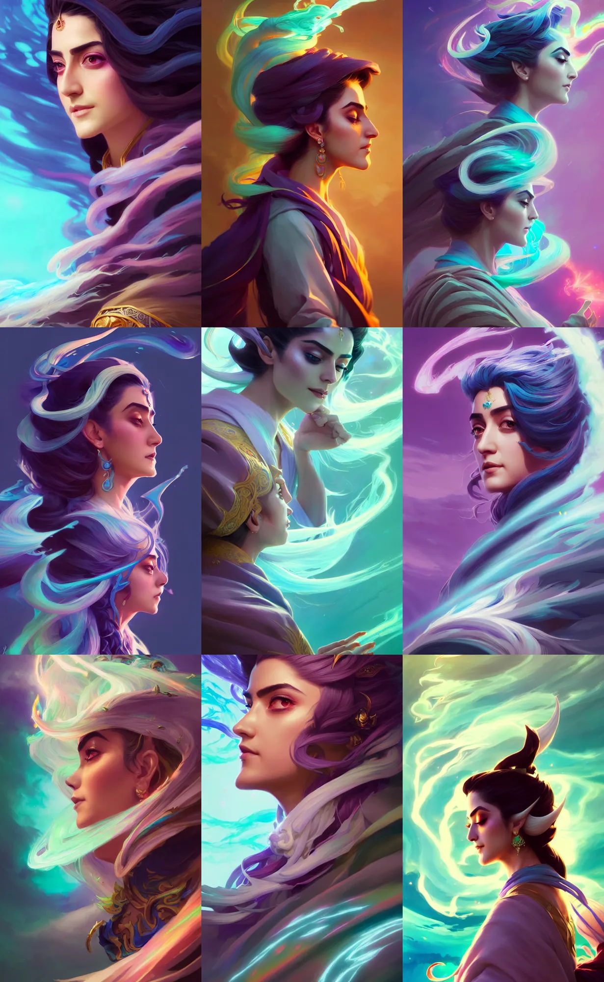 Prompt: side view profile portrait of maya ali as a wind sorcerer, dota 2, robes, elegant, concept art, smooth, psychedelic, colorful swirly magic ripples, pastel colors, by huang guangjian, sachin teng, greg rutkowski, jesper ejsing, ilya kuvshinov, artgerm, mucha