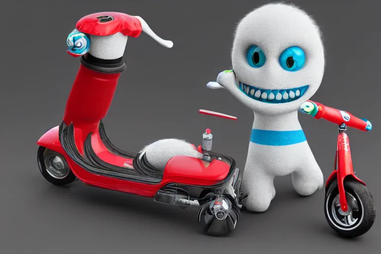 Image similar to a toothpaste monster standing next to a toy scooter made of toothpaste, intricate details, octane render