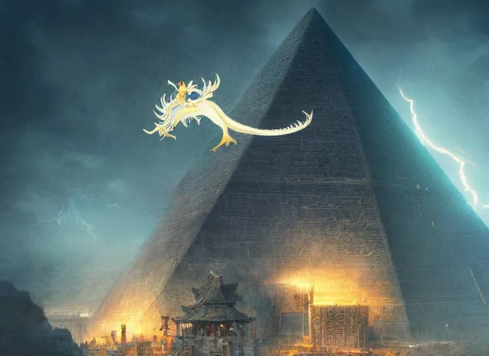 Image similar to luxurious white chinese dragon hovering side of a cyberpunk egyptian pyramid during lightning and thunder, by greg rutkowski, james jean, peter mohrbacher, rule of thirds, sigma look, beautiful, intricate, majestic, award winning