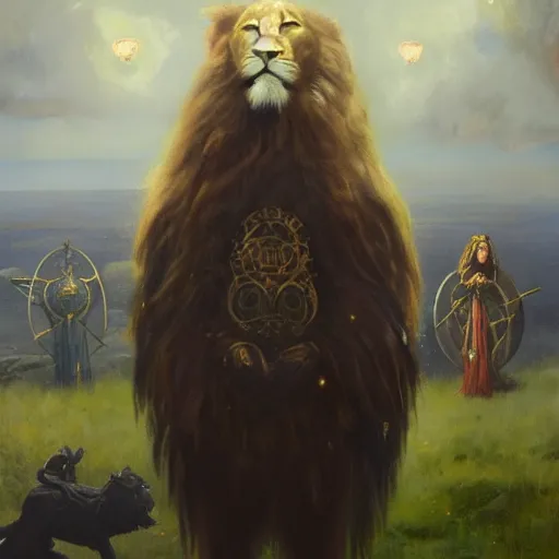 Image similar to mystical cosmic goth lion viking messenger queen, oil painting by greg rutkowski, james jean, frank crozier, ellis silas, john singer sargent, george bellows, georgia o keeffe. 4 k high - quality, emotional