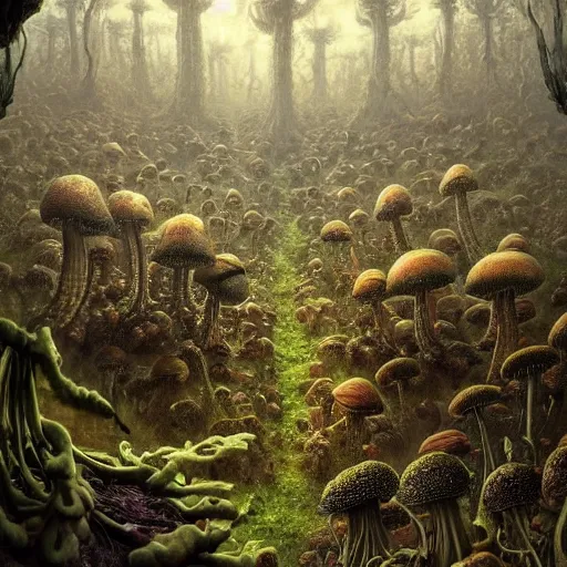 Prompt: a beautiful hyper realistic detailed concept art of a fractal eldritch and creepy mushroom forest with morels at foreground and amanitas and puffballs and psilocybes and spores on several floors by andreas rocha and john howe and dan mumford and albert bierstadt, nausicaa, ultrawide angle, artstation, pinterest