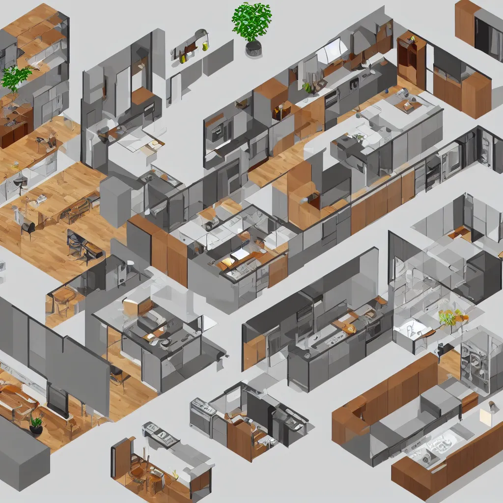 Image similar to isometric view of a kitchen and open plan living room inside a house