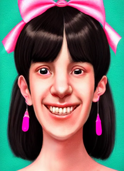 Image similar to portrait of high school girl, realistic, black hair, bangs, half updo hairstyle, pointy nose, skinny, smile, ugly, defined jawline, big chin, pink hair bow, earrings, intricate, elegant, glowing lights, highly detailed, digital painting, artstation, sharp focus, illustration, art by wlop, mars ravelo and greg rutkowski