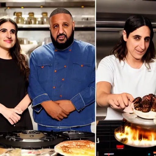 Image similar to hila klein from the h 3 podcast and dj khaled on an episode of hell's kitchen