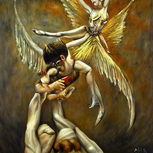 Image similar to a stunning oil painting of a ballerina angel spearing a ballerina demon in an epic battle by h. r. giger