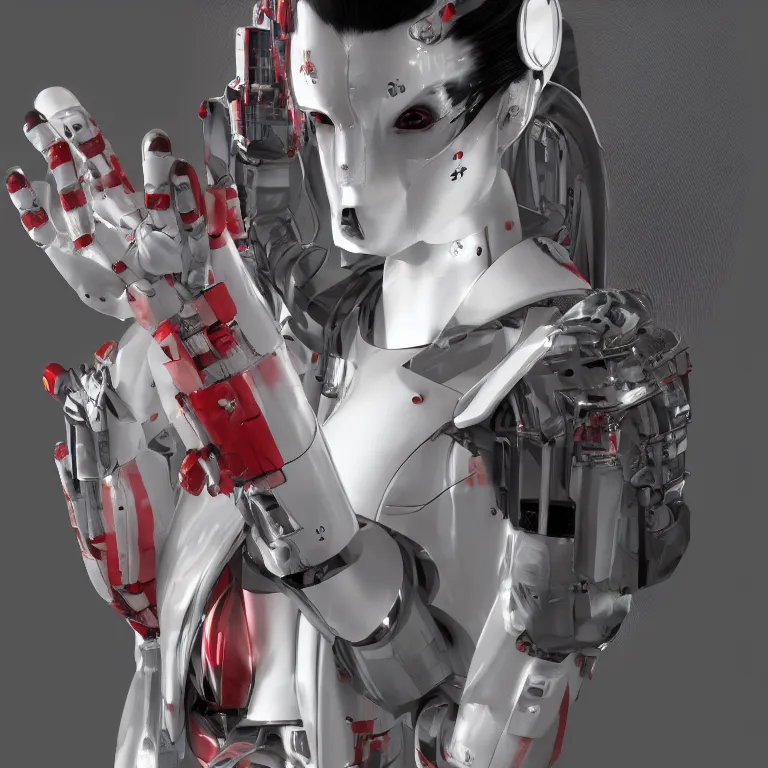 Image similar to japanese geisha robot android portrait, kabuki mask, ominous but beautiful, cybertech, in the style of ash thorp, beautiful, diffuse cinematic lighting, anamorphic lens, anamorphic lens flare, hyper real, intricate detail, octane renderer, unreal engine 5