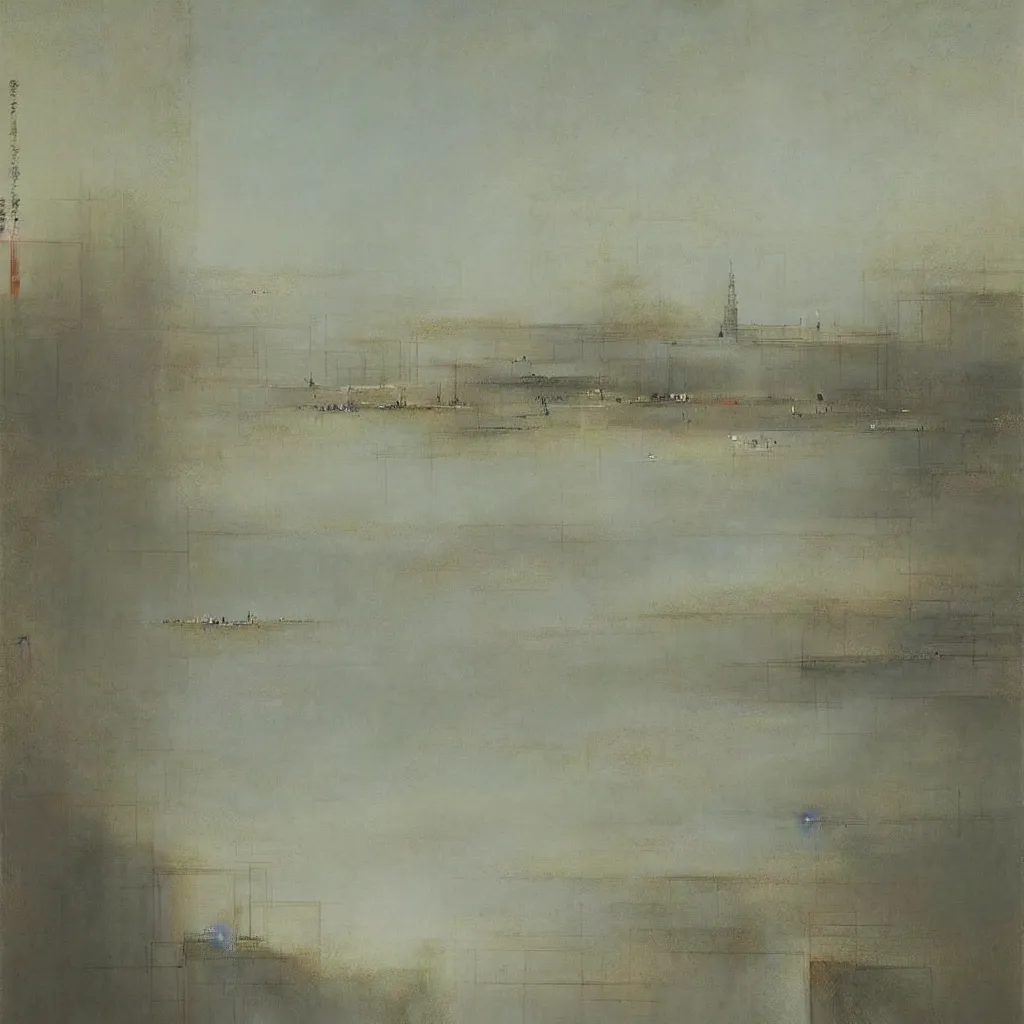 Prompt: A mixed media art of a beautiful abstract scene. Perspective with two vanishing points. The colors are very soft and muted, and the overall effect is one of serenity and peace. The composition is well balanced, and the brushwork is delicate and precise. Art by Canaletto and Fenghua Zhong