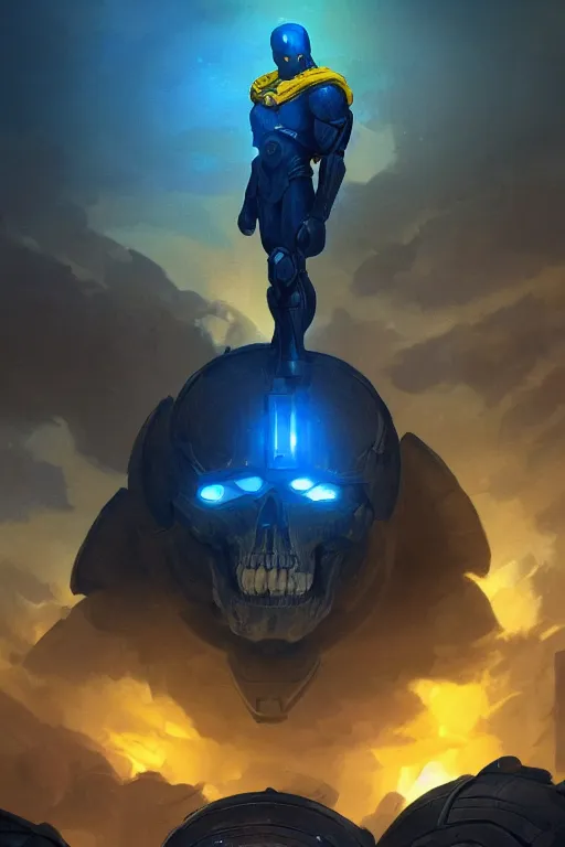 Prompt: a distant shot of a single super soldier with blue and yellow flag and standing alone on a huge pile of human skulls as a winner, masculine figure, D&D, fantasy, bright hopeful atmosphere, volumetric lights, beam of bright light through the clouds, intricate, elegant, highly detailed, extremely detailed, digital painting, artstation, concept art, matte, smooth, sharp focus, hyper realistic, illustration, art by Artgerm and Greg Rutkowski and Alphonse Mucha