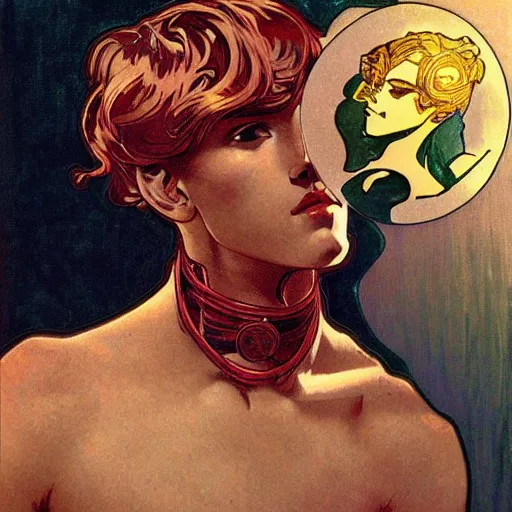 Image similar to handsome beautiful but male humanoid male robot part metal wires with wavy short dark hair, elegant, red lighting, realistic, concept art, smooth, detailed, high quality, alphonse mucha and waterhouse,