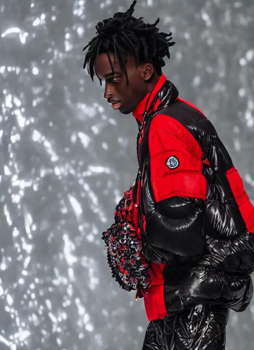 Image similar to hyperrealistic and heavy detailed moncler runway show of whole lotta red by playboi carti, leica sl 2 5 0 mm, vivid color, high quality, high textured, real life