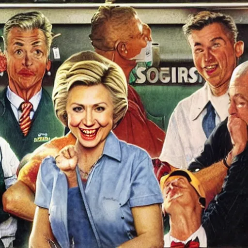 Image similar to hilary clinton super excited to be working at subway, sarcastic, by norman rockwell hyperrealism 8 k