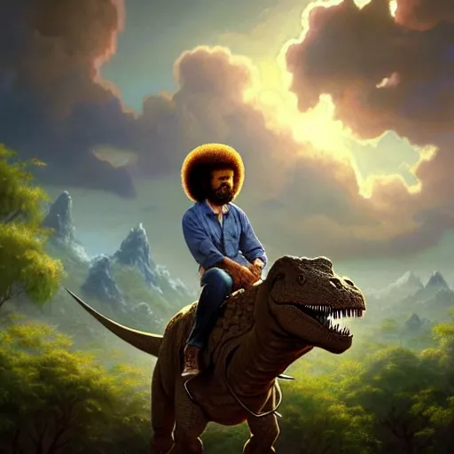 Image similar to bob ross!!! riding!!! a dinosaur!!, giant afro!, model pose, ultra realistic, concept art, intricate details, highly detailed, photorealistic, octane render, 8 k, unreal engine. art by artgerm and greg rutkowski and alphonse mucha