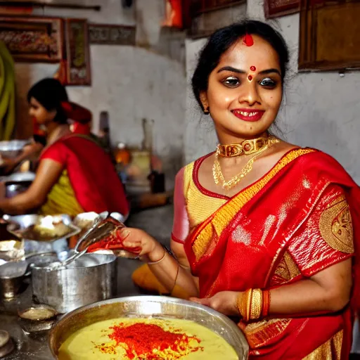 Prompt: A beautiful Bengali woman in a royal red and gold saree cooking at the stove while several Bengali dishes are served on the table beside her. The picture must be warm and rustic and nostalgic.