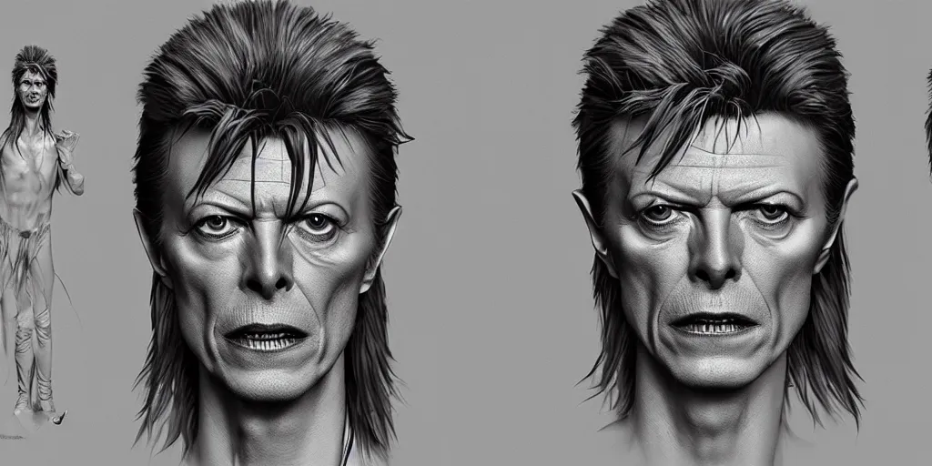 Image similar to david bowie as lazarus, character sheet, concept design, contrast, kim jung gi, greg rutkowski, zabrocki, karlkka, jayison devadas, trending on artstation, 8 k, ultra wide angle, pincushion lens effect