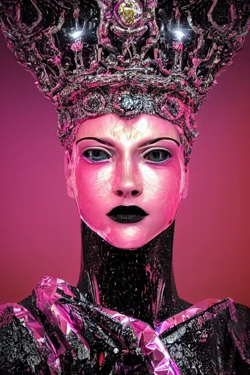 Image similar to hyper detailed ultra sharp portrait of baroque and bladerunner delicate glowing diamond sculpture of seductive muscular albino young spanish rock and roll king, pink diamond black metallic sphinx iridescent humanoid deity wearing black cloak holding a prismatic gem, glowing pink face, crown of white diamonds, cinematic lighting, photorealistic, octane render 8 k depth of field 3 d