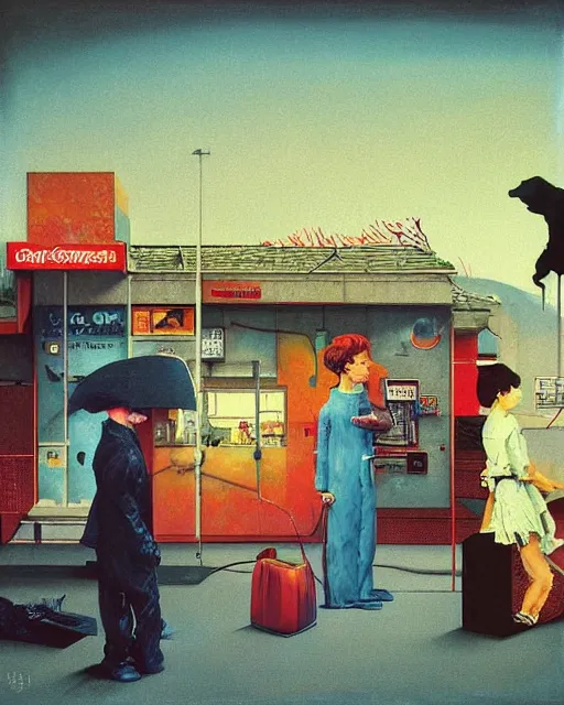 Image similar to square people conversing with dark dogs at a gas station with large oxygen tank in the style of Francis Bacon and Syd Mead and Norman Rockwell and Beksinski, open ceiling, highly detailed, painted by Francis Bacon and Edward Hopper, painted by James Gilleard, surrealism, airbrush, very coherent, triadic color scheme, art by Takato Yamamoto and James Jean