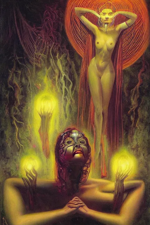 Image similar to mysterious intriguing woman performing third eye ritual, dark theme night time, expanding electric energy waves into the ethereal realm, epic surrealism 8k oil painting, realism portrait, perspective, high definition, post modernist layering, by Ernst Fuchs, Gerald Brom