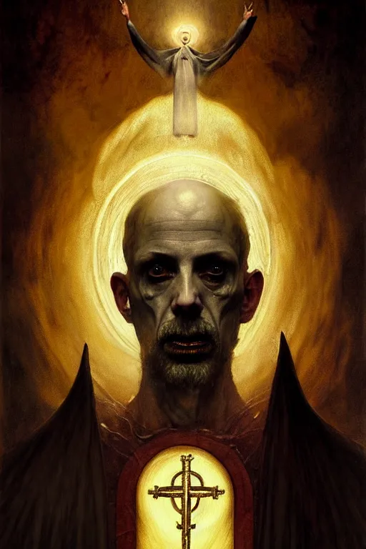 Prompt: a painting of a portrait of the high pontifex of eldritch occult with a halo on his head, golden halo, a detailed painting by santiago caruso, official art by greg rutkowski, a character portrait by seb mckinnon,, gothic art, apocalypse art, antichrist, grotesque, elder, skin, gouache, sinew, artstation