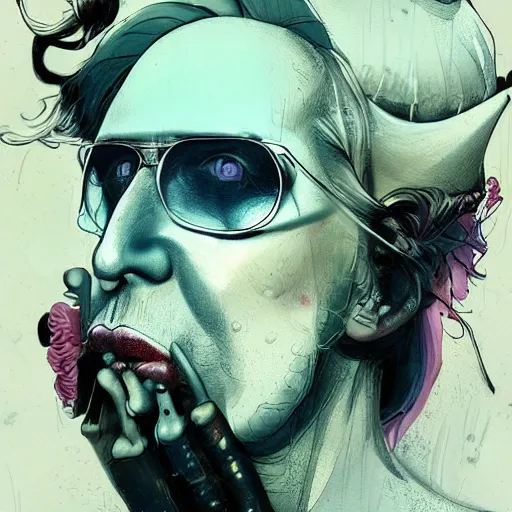 Prompt: a study of cell shaded portrait of marilyn manson concept art, llustration, post grunge, concept art by josan gonzales and wlop, by james jean, Victo ngai, David Rubín, Mike Mignola, Laurie Greasley, highly detailed, sharp focus, alien, Trending on Artstation, HQ, deviantart, art by artgem