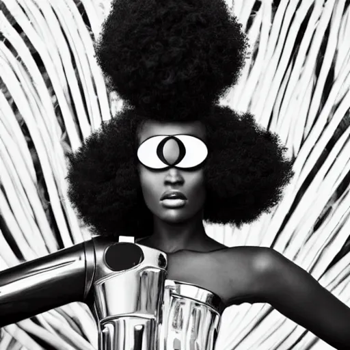 Prompt: close up of a black female fashion model with huge hair in year 3000 in art-deco entrance hall, model wearing a black dress in robot shape, photography , official Vogue editorial , highly detailed