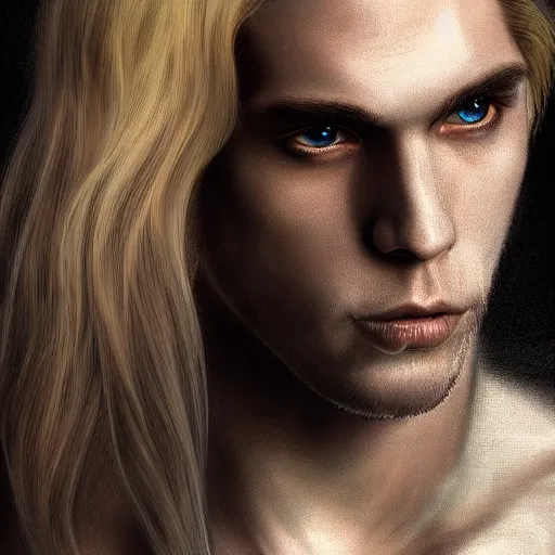 Image similar to Lucifer as an attractive cody fern with blue eyes and long dirty blonde hair with a chiseled jawline, wearing a demonic crown of thorns, 4k digital character design by Artgerm, WLOP, beeple, Hi-Fructose, James Jean, Andrei Riabovitchev, Marc Simonetti, yoshitaka Amano, Artstation, CGsociety