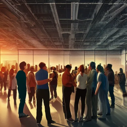 Image similar to large group people in a warehouse, looking at hologram model of futuristic city on a table, cinematic concept art, godrays, golden hour, natural sunlight, 4 k, clear details, tabletop model buildings, tabletop model, hologram center