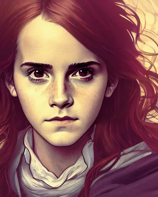 Image similar to Emma Watson as Hermione Granger, medium shot close up, details, sharp focus, illustration, by Jordan Grimmer and Alphonse Mucha and greg rutkowski and PiNe(パイネ) and 薯子Imoko and 香川悠作 and maya takamura, intricate, beautiful, Trending artstation, pixiv, digital Art