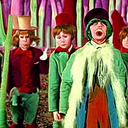 Image similar to film still of the ritual sacrifice scene from willy wonka & the chocolate factory (1971)