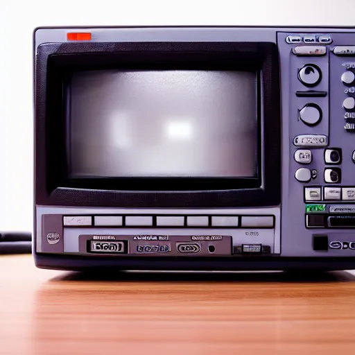 Prompt: a professional studio photograph (((of a 90s television and VHS combo playing a video))) ((((((((((((of clouds)))))))))))), key light, 50mm, shallow depth of field, no artefacts