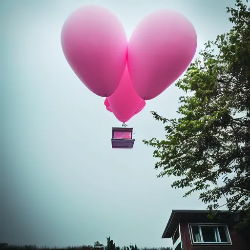 Image similar to a 5 0 mm lens photograph of a cute pink floating modern house, floating in the air between clouds, inspired by the movie up, held up from above by heartshaped ballons. mist, playful composition canon, nikon, award winning, photo of the year