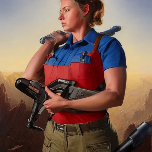 Image similar to epic portrait a slightly muscular woman wearing short sleeved uniform and carrying a red power tool drill, detailed, centered, digital painting, artstation, concept art, donato giancola, Joseph Christian Leyendecker, WLOP, Boris Vallejo, Breathtaking, 8k resolution, extremely detailed, beautiful, establishing shot, artistic, hyperrealistic, beautiful face, octane render