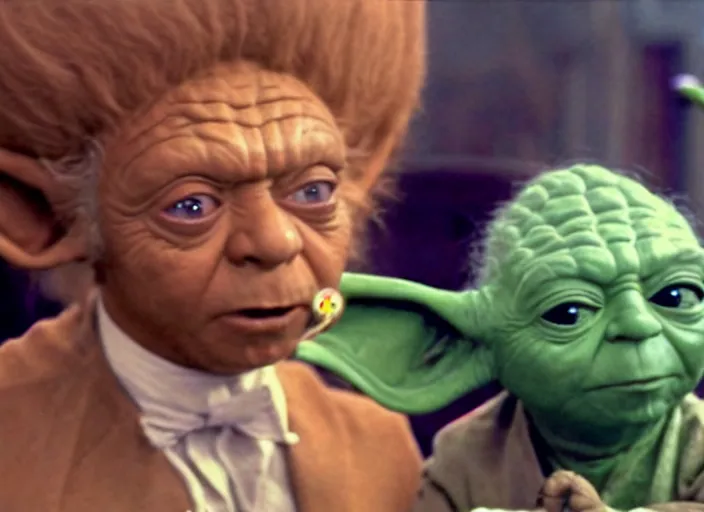 Image similar to a film still of yoda as an oompa loompa in willy wonka's and the chocolate factory ( 1 9 7 1 )