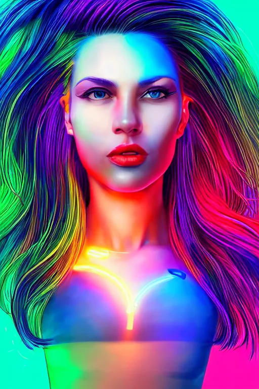 Image similar to a award winning half body portrait of a beautiful woman with stunning eyes in a croptop and cargo pants with rainbow colored ombre hairstyle head in motion and hair flying by thomas danthony, surrounded by whirling illuminated neon lines, outrun, vaporware, shaded flat illustration, digital art, trending on artstation, highly detailed, fine detail, intricate