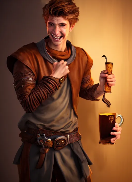 Image similar to An epic fantasy comic book style portrait painting of a handsome young man with brown wavey hair, wearing thief clothing in a tavern and smiling with a wooden tankard in hand, unreal 5, DAZ, hyperrealistic, octane render, cosplay, RPG portrait, dynamic lighting