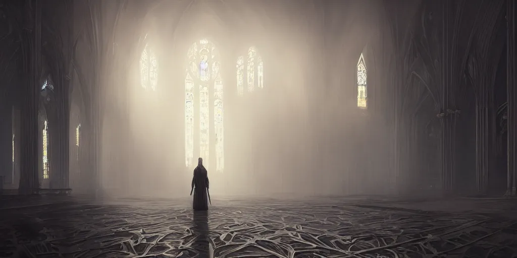 Image similar to inside diamond, by Greg Rutkowski, concept art, fantasy, gothic cathedral, light through the mist, dramatic lighting, photorealistic, cinematic lighting, high detail, cinematic feel, high octane, 4K, Unreal Engine, digital render, intricate, ultra realistic, crepuscular ray, low angle, superwide shot, lunapunk