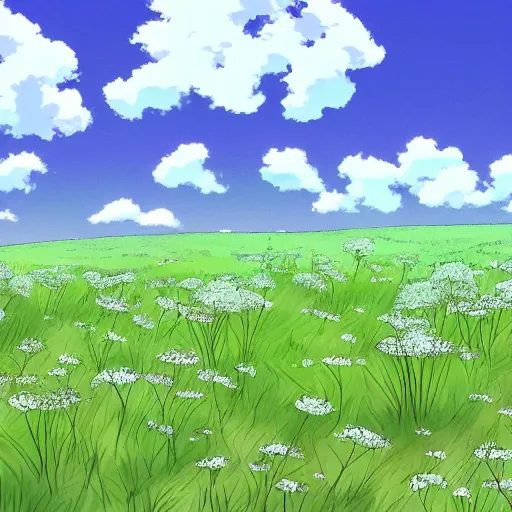 Image similar to A wide-up shot of a sea of withe dandelions with green wind blowing, anime style, Studio Ghibli style, cel shading,