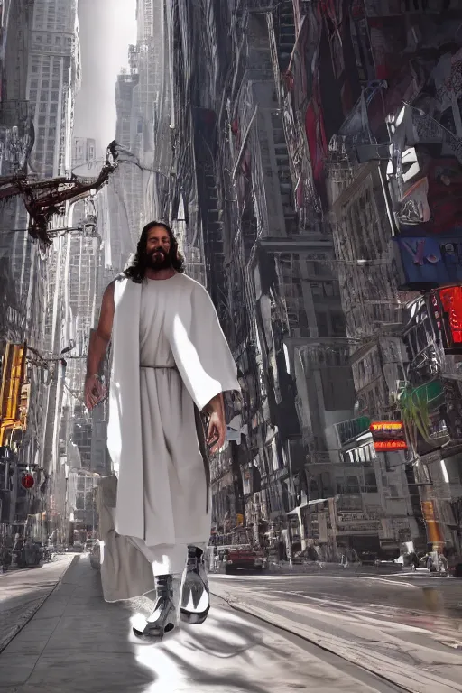 Image similar to jesus christ wearing a white robe with robotic arms and robotic legs walks in downtown new york in the future, intricate, hyper detailed, accent lighting, dramatic light, 4 k octane render