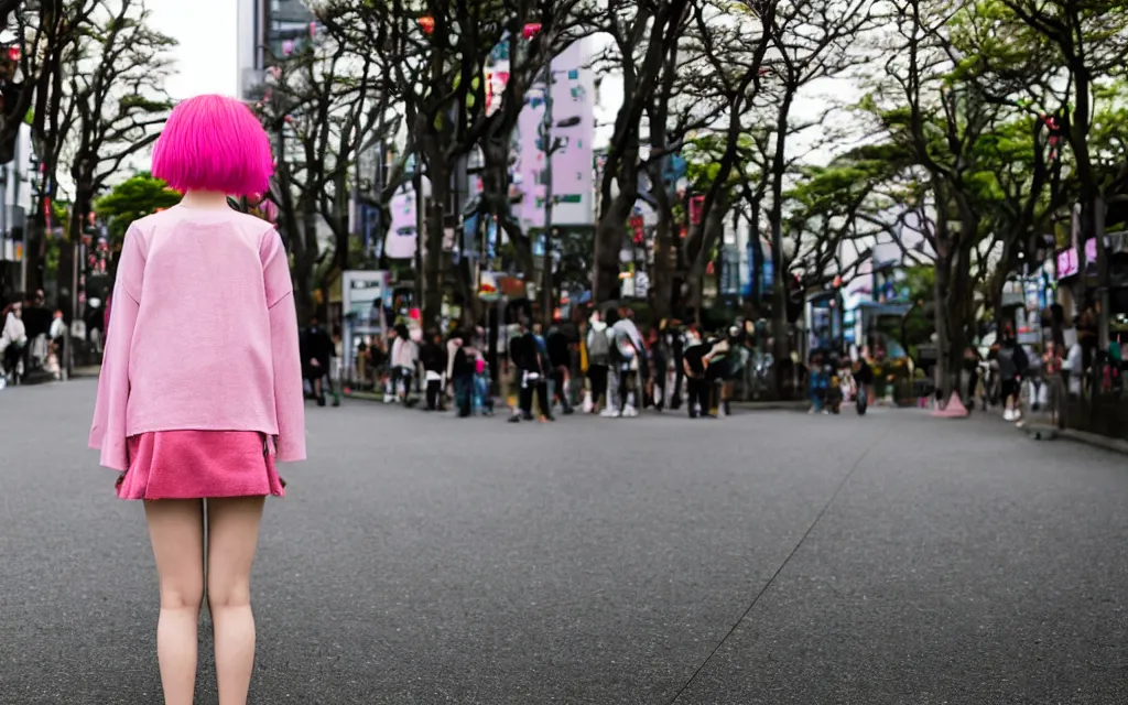 Prompt: a full body portrait of a harajuku girl with pink hair , in the background is Shinjuku Tokyo, daytime Ghibli studio, Bokeh, depth of field ,