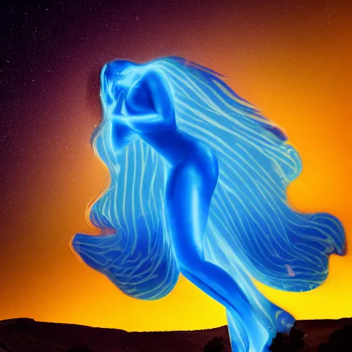 Prompt: a giant beautiful glowing blue woman floating in the night sky